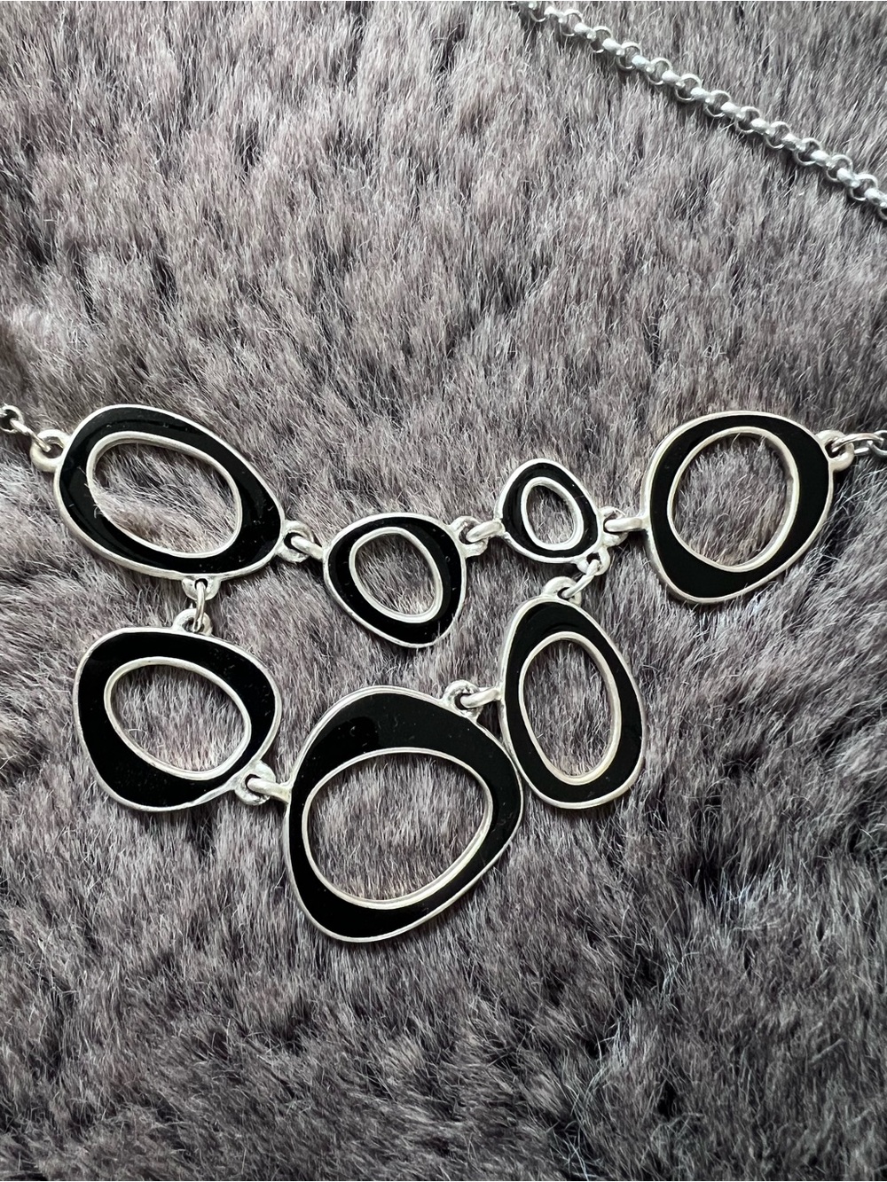 Y2K Silver-Tone Black Enamel Link Statement Necklace